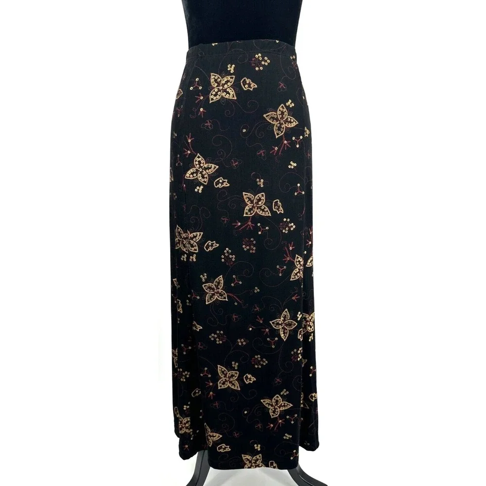 Christopher & Banks Womens Top Skirt Set Large Black Metallic Floral Travel Knit_9